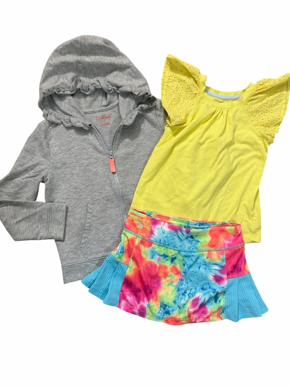 NWOT Champion Tye dye skort, grey ruffle hood jacket and flutter sleeve top 5/6